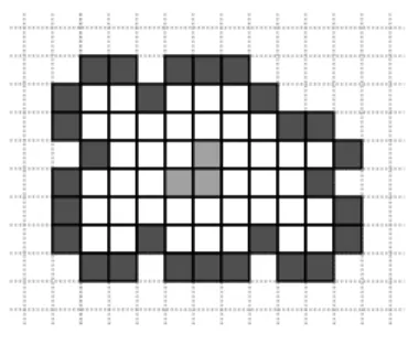 Fig. 2. Architecture of a TBAN N on Z 2 . Automata of N are represented by white and light grey (in the case of central nodes of eccentricity 7) square cells.