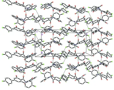 Figure 2The crystal packing of the title compound. The dashed lines represent the hydrogen bonds