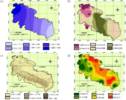 Figure 2. Rainfall-runoff erosivity factor R (a), soil erodibility factor K (b), slope length and slope steepness factor LS (c), and crop and cover management factor C (d) maps