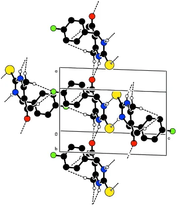 Figure 2The packing of the title compound, viewed along the b axis. Dashed lines indicate hydrogen bonds