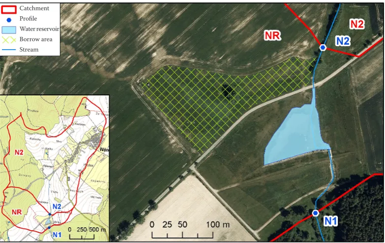 Figure 1. The experimental catchment and the water reservoir with grassed borrow area (source: Czech Office for Sur-veying Mapping and Cadastre, author)
