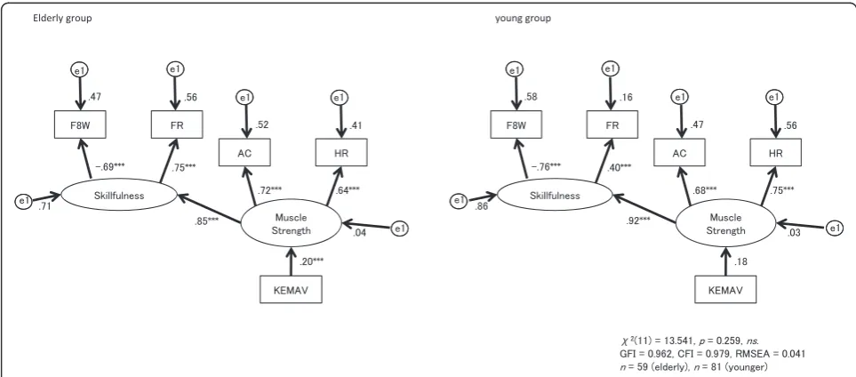Fig. 2 Path diagrams for the iliac elevation maximum velocity (IEMV) in the older and young groups