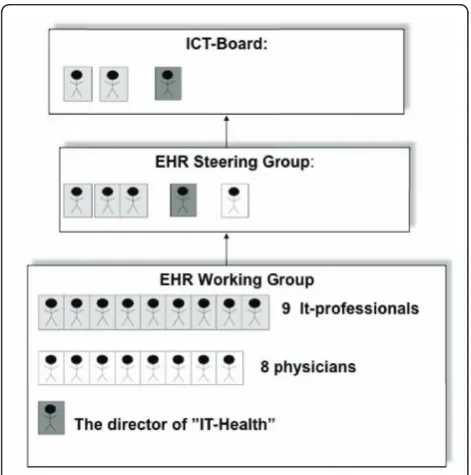 Figure 2 Persons in the three technology carrier groups. Figure2 shows that the director of IT-Health and two of the IT-professionals were members of both the EHR Working Group, theEHR Steering Group and the ICT-board, while no physicians weremember of the ICT-board and only one physician was a member ofthe EHR Steering Group.