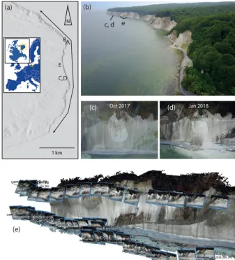 Figure 1. (a) Location of the Rügen study area, black line shows the studied coast section, and the locations of panels (b)–(e) are indicated.DEM is from the ALOS Global Digital Surface Model (AW3D30) ©JAXA