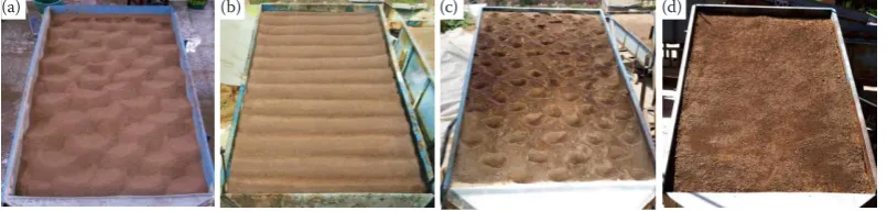 Figure 1. Four traditional tillage measures in the Chinese Loess Plateau listed as: (a) backhoe ploughing (BP), (b) contour tillage (CT), (c) digging ploughing (DP) and (d) rake levelling as the control (RL), established by experienced farmers