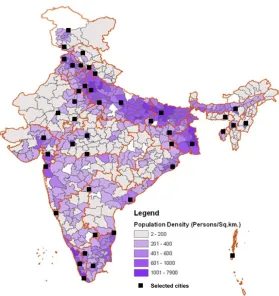 Figure 2-2: The population density map of India showing selected cities for which spatial plans were evaluated