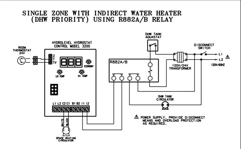 Figure 9. Single zone with indirect water heater (DHW Priority) using R882A/B relay.