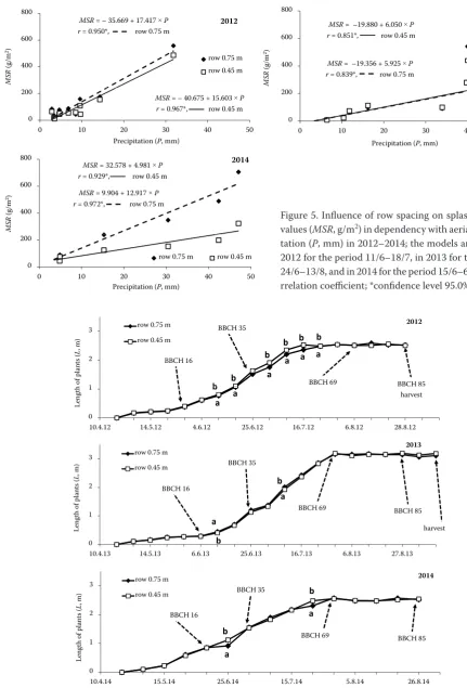 Figure 5. Influence of row spacing on splash erosion values (MSR, g/m2) in dependency with aerial precipi-