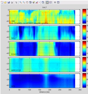 Figure 4. Vertical sections of salinity data from an ocean glider compared with virtual glider paths through four numerical models