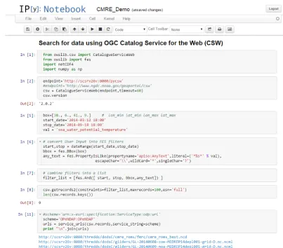Figure 5. A snippet from an IPython Notebook demo, demonstrating a geospatial, temporal and free-text search for data using the owslibpackage to construct CSW queries and parse the results