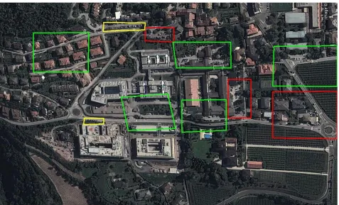 Figure 2.11. View of the whole scene. Red rectangles represent the training images, rectangles in yellow are the validation areas and green rectangles are the test images
