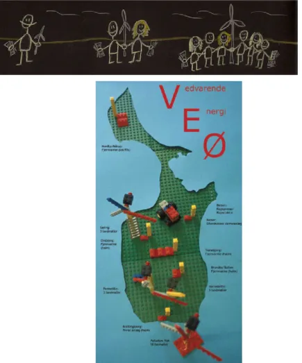 Figure 3.16  The regime of ownership at Samsø represented in a drawing on a blackboard and     a symbolic map of the building of the energy landscape (images source http://energiakademiet.dk/en/vedvarende-energi-o/) and a “lego”map of the renewable energy island, Søren Hermansen (image source Jørgensen et al., 2007).