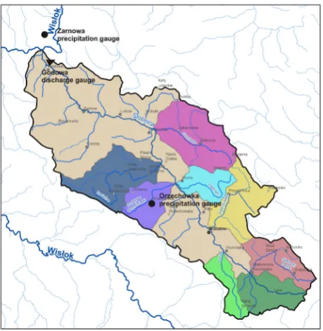 Figure 1. The Stobnica catchment area divided into sub-catchments