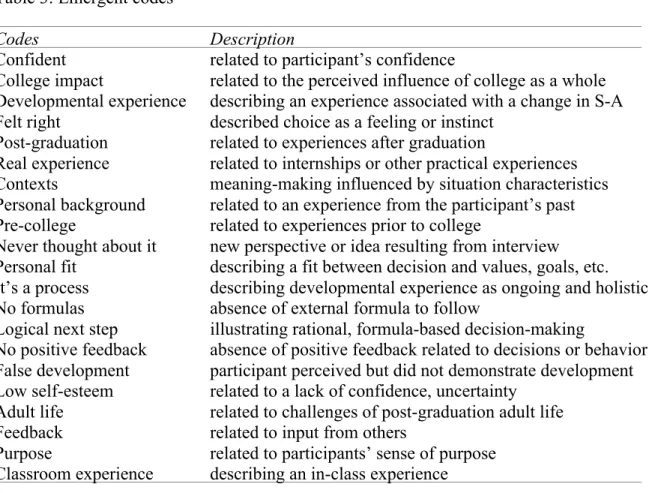 Table 3: Emergent codes    