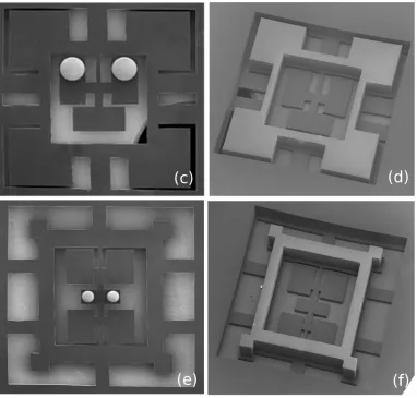Figure 2.3: SEM images (front and back side) of: double paddle oscillator (c,d) and quad-paddle oscillator (e,f)