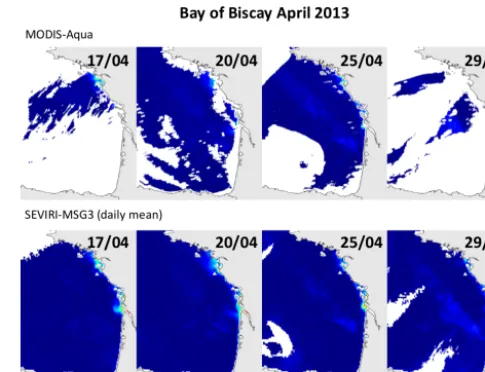 Figure 1. Sequence of daily observations of the Bay of Biscay byNASA’s polar-orbiting MODIS sensor on the Aqua platform andby SEVIRI on MSG3