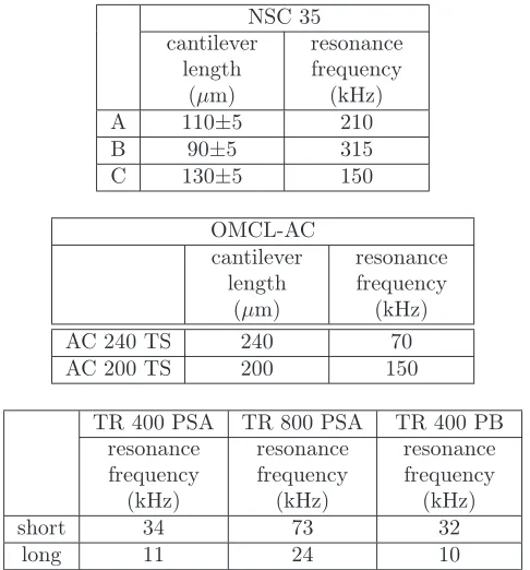 Figure 3.4: Cantilever schemes. Panel A: Mikromasch NSC 35 used for air envi-ronment AC mode analyses