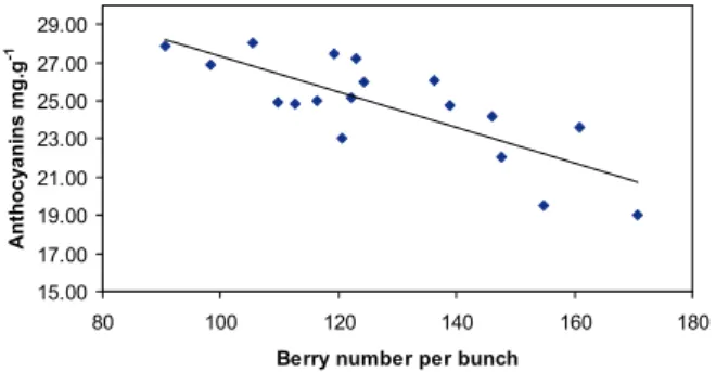 Fig. 3: Relationship between berry number per bunch and antho- antho-cyanins (mg·g -1  of berry skins FW), averaged over 2002, 2003  and 2004