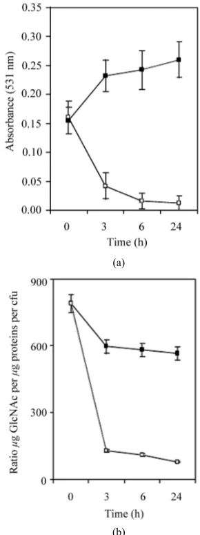 Figure 1. Oligotrophic stress response of 24-h-old S. epi-dermidis RP62A biofilms. (a) Biofilms were treated with fresh TSB (■) or oligotrophic medium (OM) (□) for 3, 6 or 24 h at 37˚C and then rinsed and stained with safranin; (b) Ratio of µg PIA/µg prote
