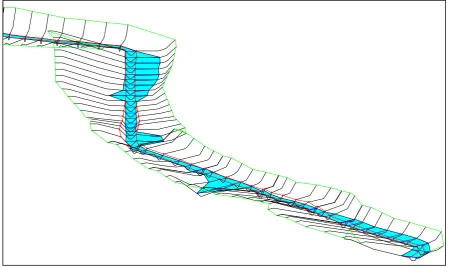 Figure 1. Axonometry of the selected reach of the channel, flooded by Q100