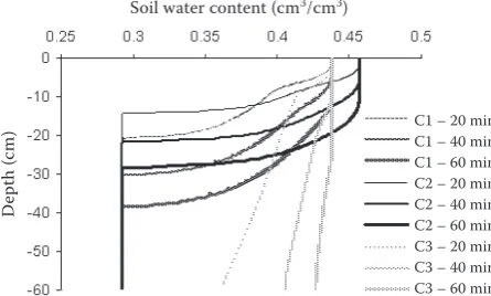 Figure 6. Soil water content distributions in the soil profile – wetting fronts 20, 40 and 60 minutes after the beginning of the ponded infiltration for scenarios C1, C2 and C3
