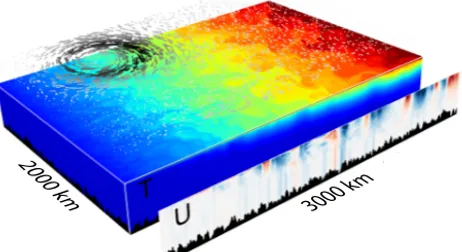 Figure 1. Three-dimensional representation of instantaneous tem-perature (rectangular box, color scale ranges from 0 to 20 ◦C) andzonal velocity (vertical section) for the reference simulation at 2 kmafter 30 years