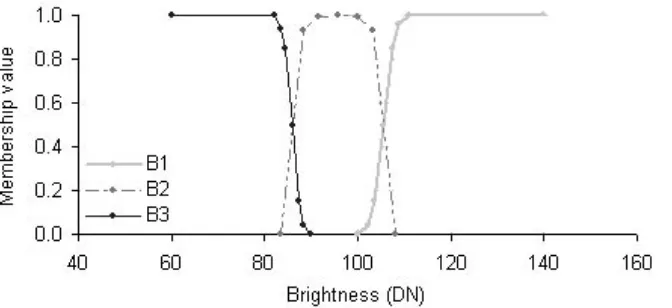 Figure 3. Determined MFs of brightness classes based on k-means clustering