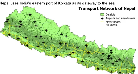 Figure  6:  Map  of  Nepalese  transport  network  with  road  network  including  major  roads,  airports and aerodromes