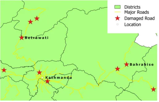 Figure  7:  Map  of reported  damages  to  major  roads. (Source  of reports: Kathmandu  Living  Labs, 2015) 