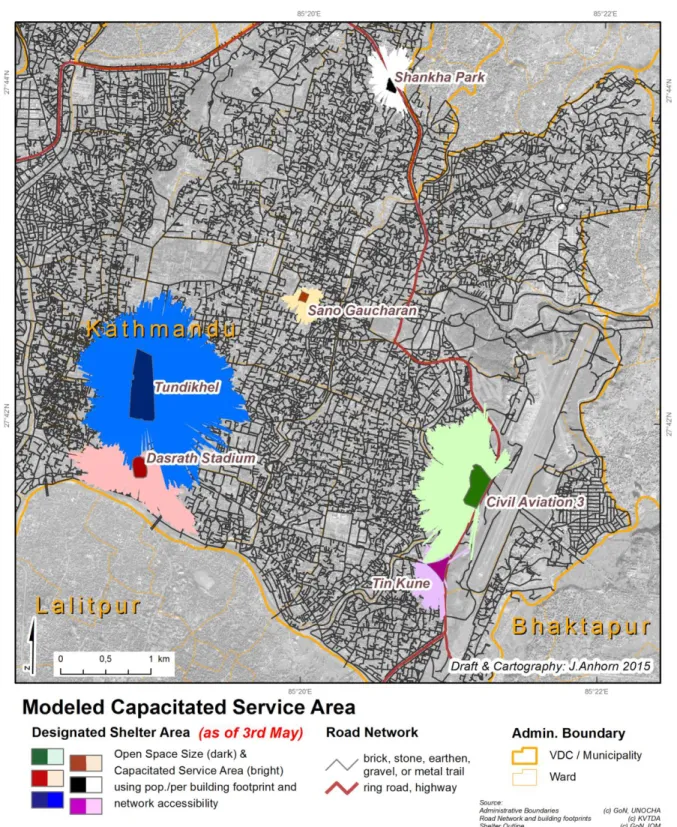 Figure 3: Modeled capacitated accessibility for the designated open spaces in KMC using  minimum SPHERE standards (3.5sqm/person) and network analysis to derive maximum  serviceable area considering all building inhabitants sheltering