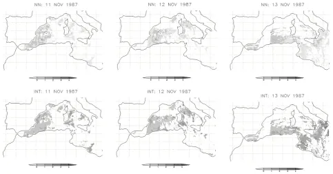 Fig. 10. Differences in ◦C between ANN method and measured SST (top) and Interpolation method and measured SST (bottom), for thethird episode.