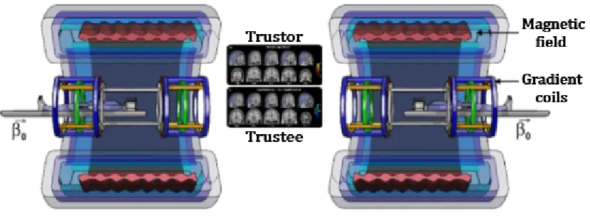 Figure �.�.�: Hypersacnning of the Trust Game. Hyperscanning is a new fMRI acquisition methodwhere two or more participants interact with each other while being scanned in diﬀerent MRI scan-ners.