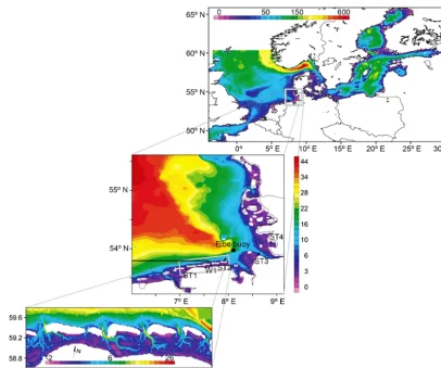 Figure 1. Nested grid model domains for the North Sea (top pattern), German Bight (middle pattern) and the east Wadden Sea (bottompattern)