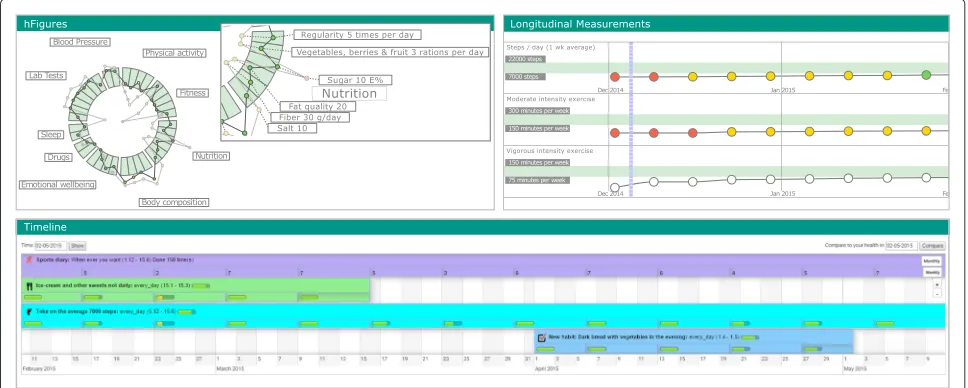 Fig. 9 Health Monitoring Application. The health monitoring application with the three components: hFigures, Activity Timeline and LongitudinalMeasurements