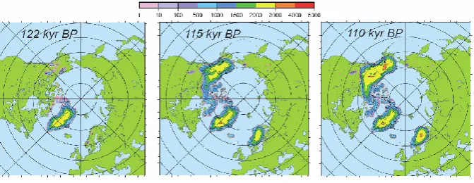 Fig. 2. Simulated ice thickness (in m) at different key periods during glacial inception: 122 kyr BP (left panel), 115 kyr BP (middle panel),110 kyr BP (right panel).