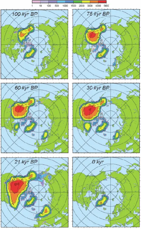 Fig. 4.Simulated ice thickness (in m) at different key periods:100 kyr BP, 75 kyr BP, 60 kyr BP, 30 kyr BP, 21 kyr BP, 0 kyr BP.