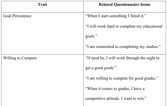 Figure 2. TypeFocus™ Success Factors Questionnaire items and related student traits  Success Factors Questionnaire Results 