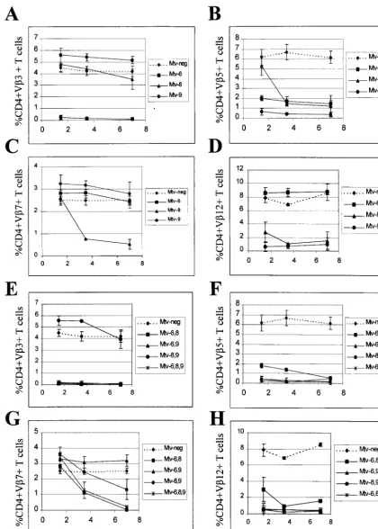 FIG. 4. Kinetics of T-cell deletion in N1one animal withwere tested at 3.5 months; two animals with bothand G), and CD4 mice from the BALB/cJ � PERA cross