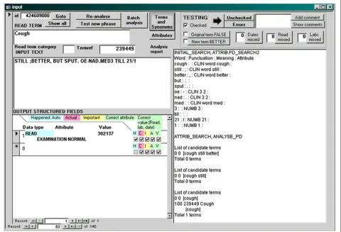 Figure 2 Dialog box for reviewing results of freetext matching algorithm. Example of a dialog box in the Microsoft Access 2000 database,showing the interface for analysing a text and reviewing the results.
