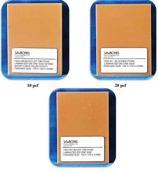 Figure 1: Polyurethane Bone Blocks with 3 different bone densities (10;20;30pcf) with 1mm Epoxy Sheet 