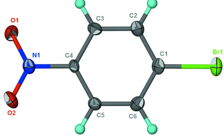 Figure 1Thermal ellipsoid plot (Barbour, 2001) of C6H4BrNO2 at the 70% probability level; hydrogen atoms are drawn as spheres 