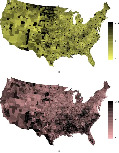 Figure 1.31: (a) Map of federal spending (dollars per capita). (b) Intensitymap of poverty rate (percent).