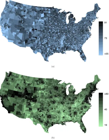 Figure 1.32: (a) Intensity map of homeownership rate (percent). (b) Inten-sity map of median household income ($ 1000s).