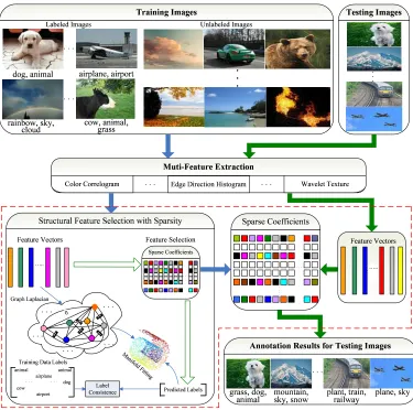 Figure 5: The general process of our method for image annotation. The red frame indicates the corepart of our algorithm which analyzes the feature space for practical applications.