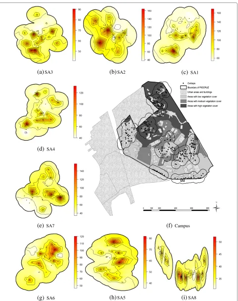 Fig. 5 Egg frequency. Map of spatial distribution of the number of eggs in SA3 (corresponding to the weekly average per trap throughout the study period, and campus map (a), SA2 (b), SA1 (c), SA4 (d), SA7 (e), SA6 (g), SA5 (h) and SA8 (i),f) describing veg