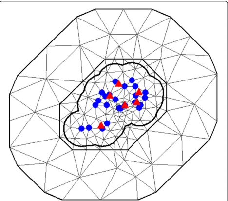 Fig. 3 Triangulation. Locations of the 30 oviposition traps in thesentinel area 1 (SA1) and triangulation of SA1 with 147 vertices