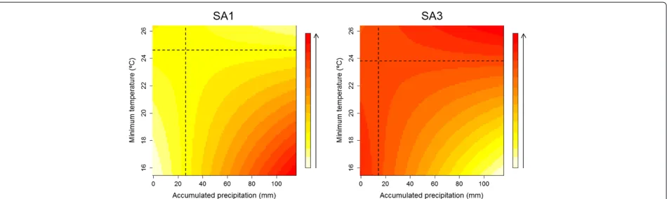 Fig. 4 Interaction effects. Map of the interaction effects between total rainfall (lag 2) and minimum temperature (lag 1) on the average egg densityin SA1 and SA3, according to changes in the total rainfall and minimum temperature