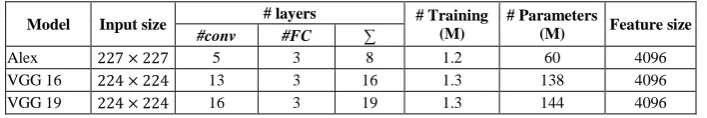 Table 1.  Comparison between the different CNN models that are used for feature extraction (Alex, VGG16, and VGG19) with respect to the input space dimention, the number of layers (convolutional (conv), fully connected (FC), and total number of layers (∑)), the number of the training images originally used, in millions (M), the number of network parameters, in milions (M), and the extracted feature size used in our experiments (i.e., the size of the FC layer just before the output layer) 