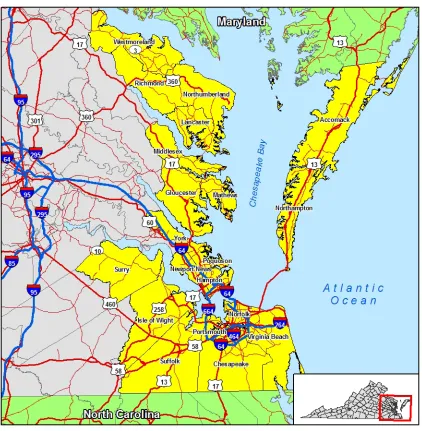 Figure 1. Map of Hurricane Risk Area for Virginia (COVEOP, 2006) 
