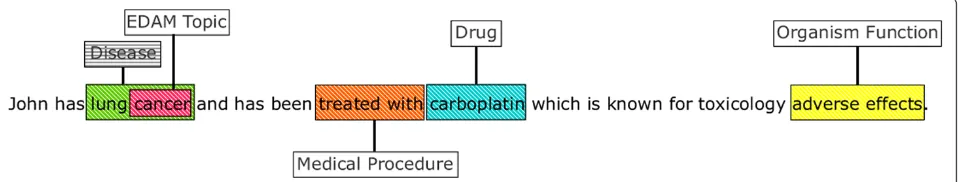 Fig. 2 Annotation example from Concept Recognizer. The annotation from the Concept Recognizer of the given data sentence “John has lungcancer and has been treated with carboplatin which is known for toxicology adverse effects”